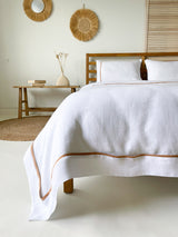 White Linen Duvet Cover set with Border and Tan Trim