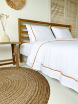 White Linen Duvet Cover set with Border and Tan Trim