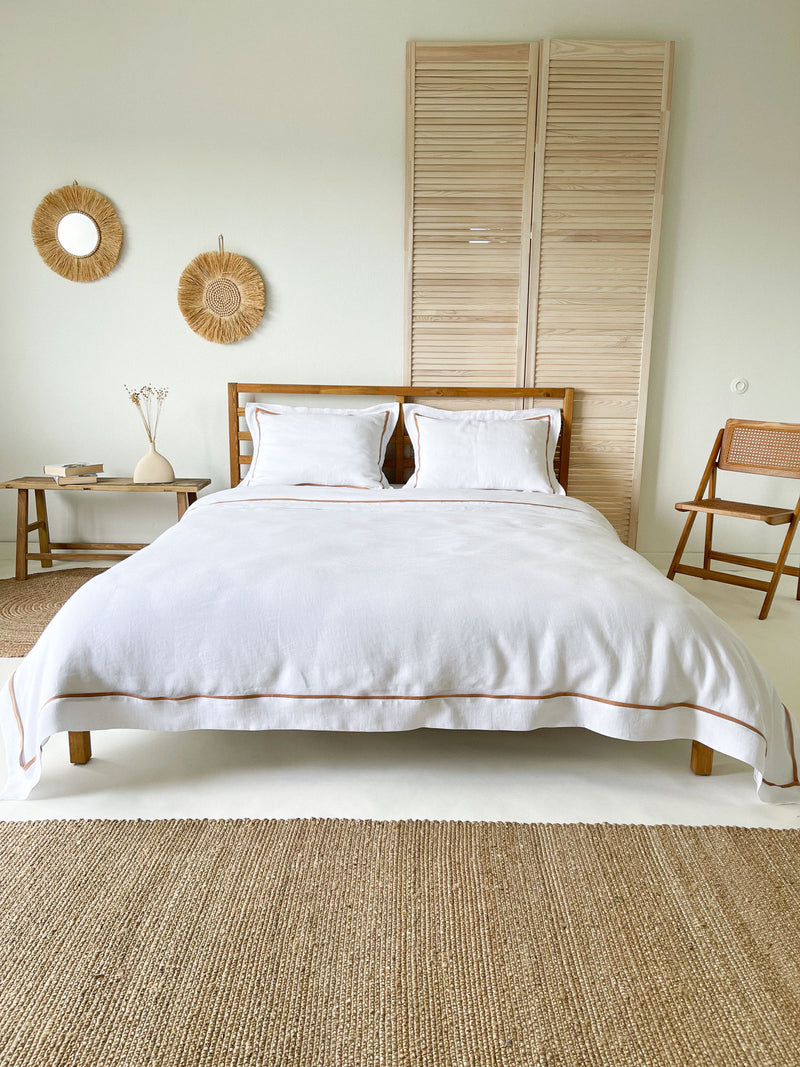 White Linen Duvet Cover set with Oxford Style Pillowcases and Tan Trim