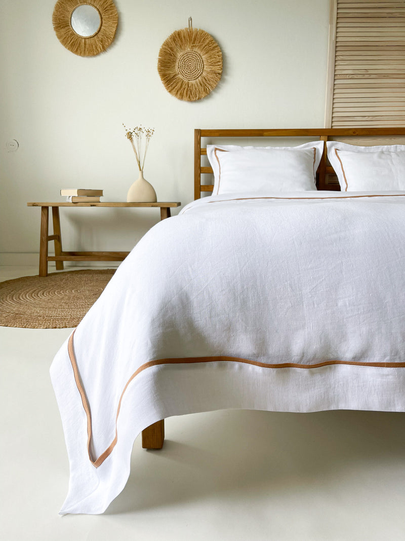 White Linen Duvet Cover set with Oxford Style Pillowcases and Tan Trim