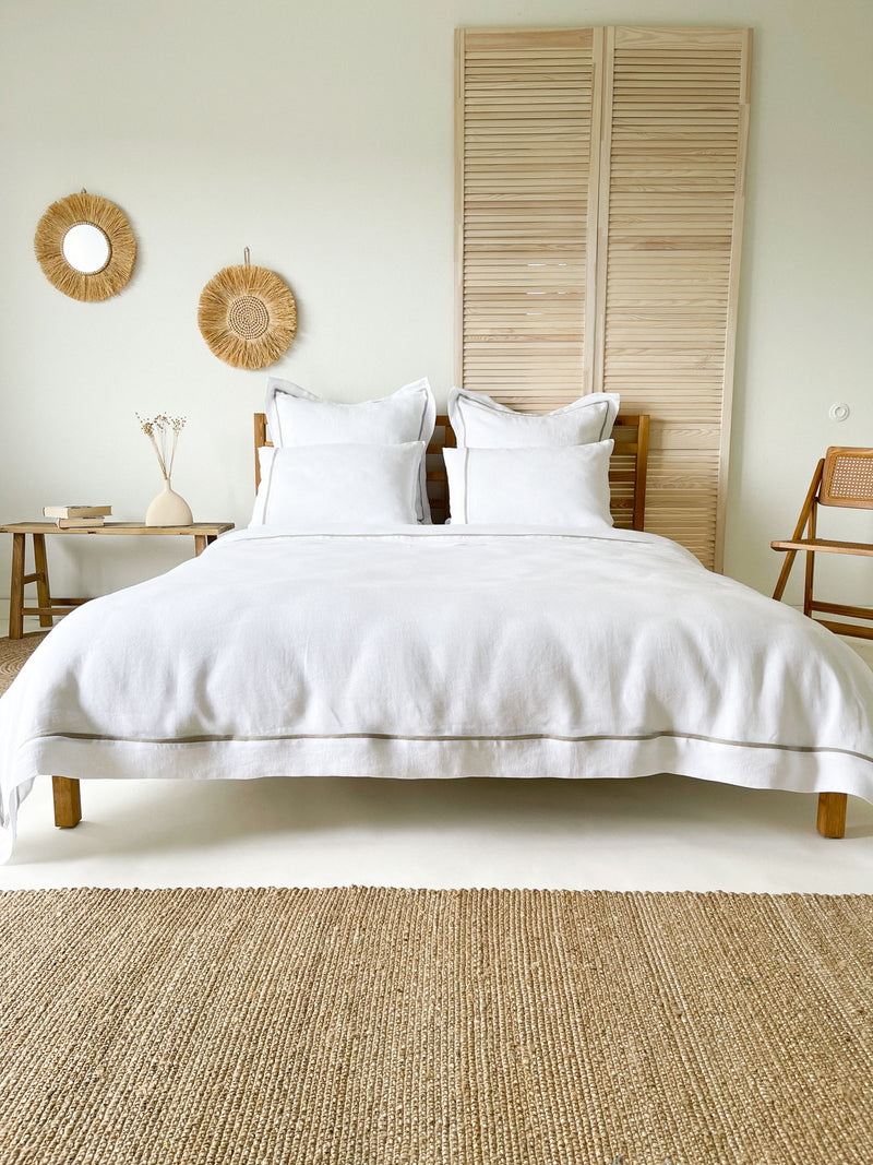 White Linen Duvet Cover with Border and Beige Trim