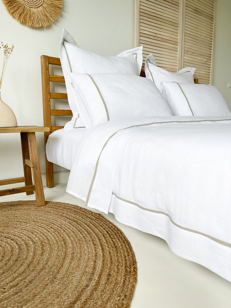White Linen Duvet Cover with Border and Beige Trim
