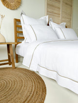 White Linen Quilt Cover with Border and Beige Trim
