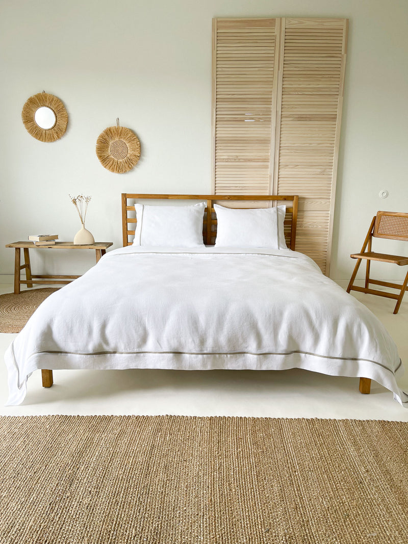 White Linen Duvet Cover set with Border and Beige Trim