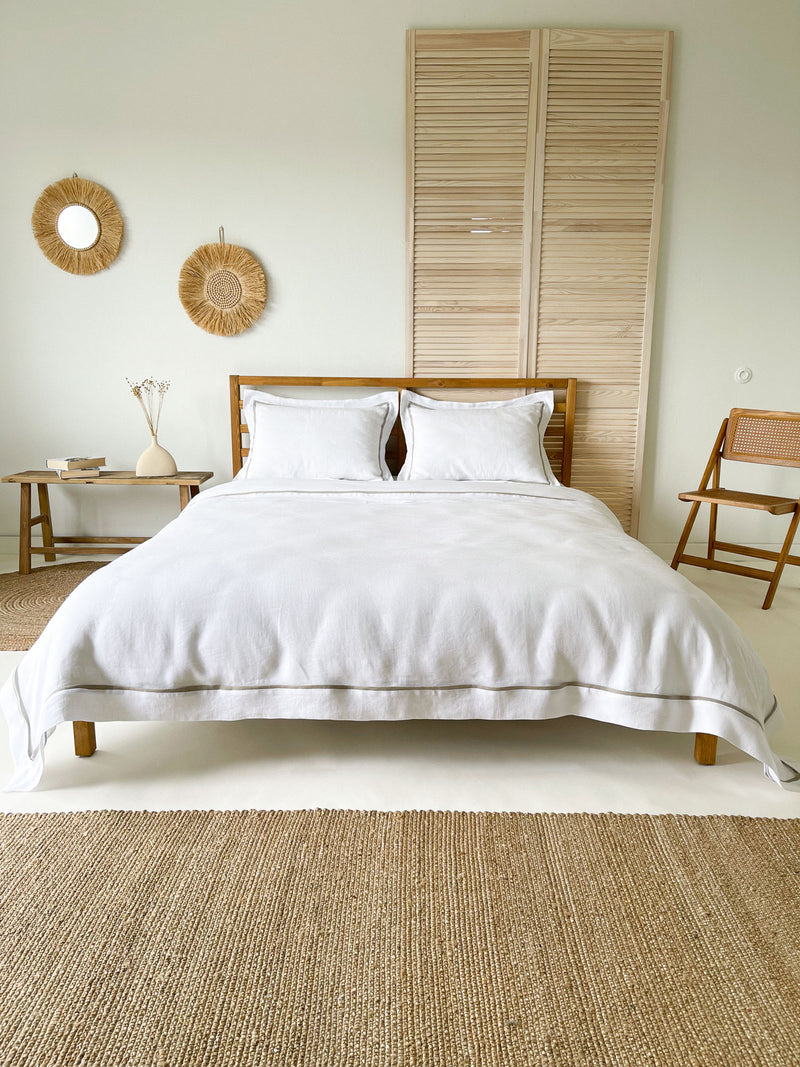White Linen Duvet Cover set with Oxford Style Pillowcases and Beige Trim
