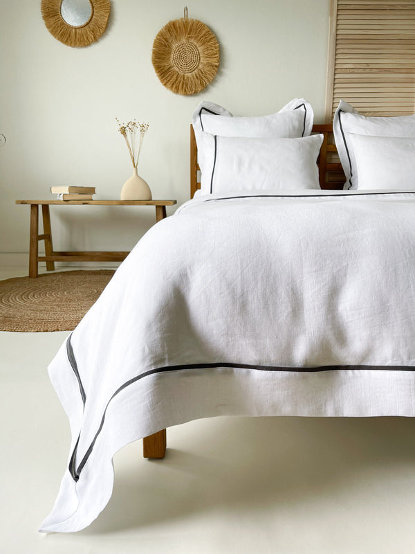 White Washed Linen Bedding Set with Dark Gray Trim