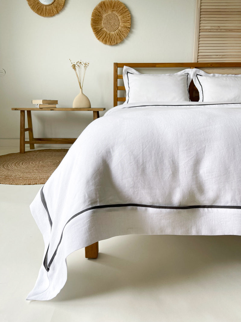 White Linen Duvet Cover Set with Border Pillowcases and Dark Grey Trim