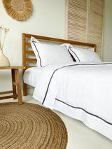 White Linen Duvet Cover set with Oxford Style Pillowcases and Dark Grey Trim