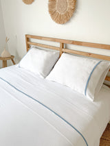 White Linen Flat Sheet with Light Blue Trim